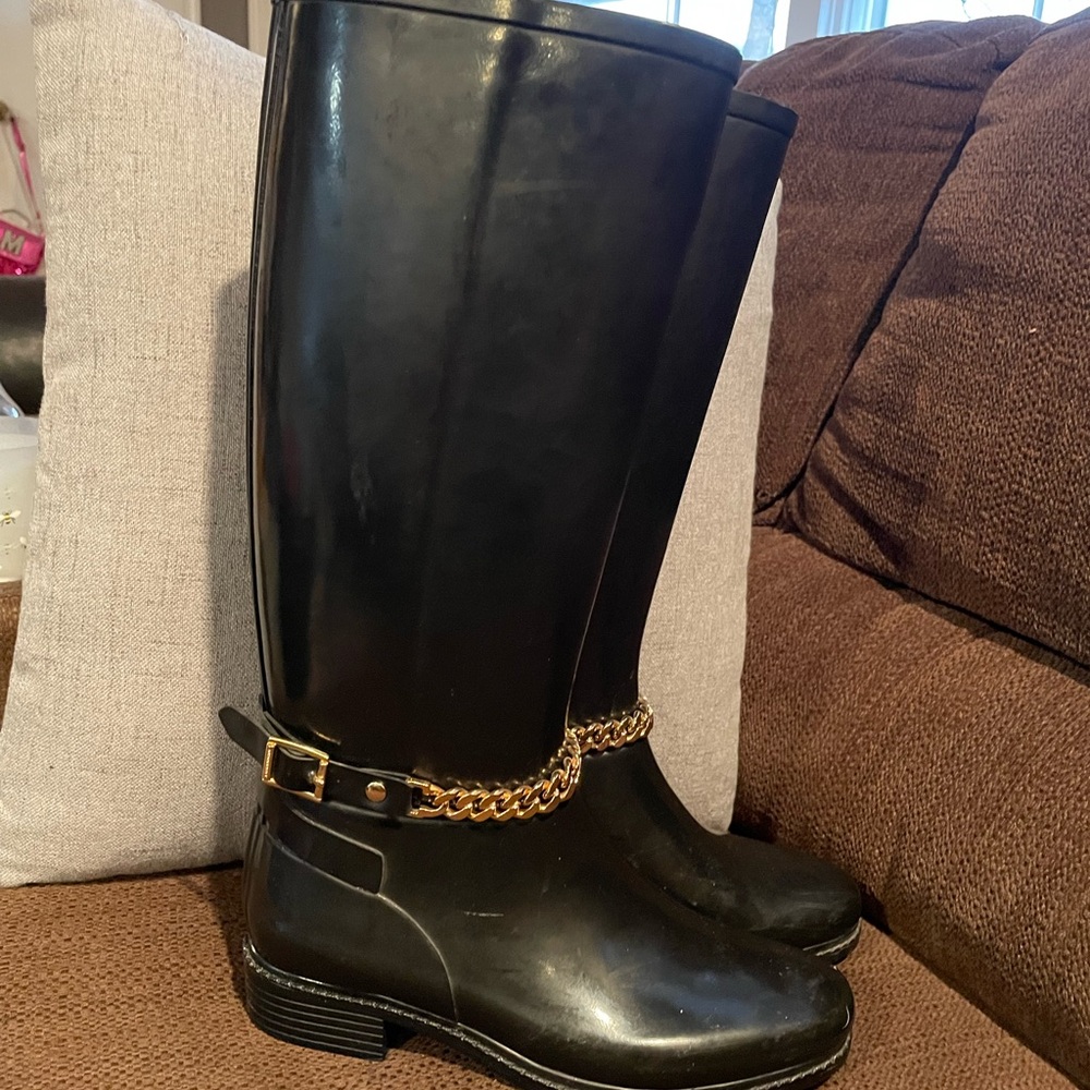 Burberry Black Rain Boots with Gold Chain Accent